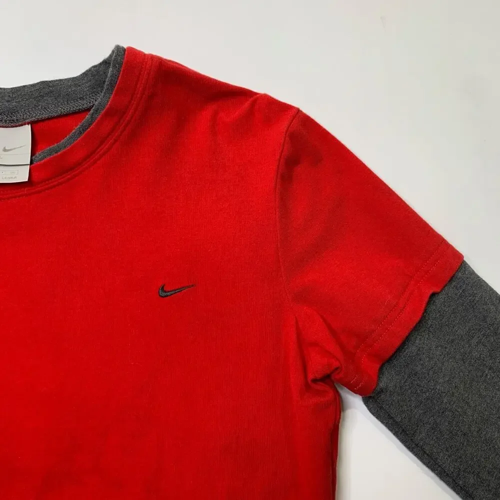 Vintage Nike T Shirt Youth Boys XL Red Gray Layered Double Sleeve Crew 90s